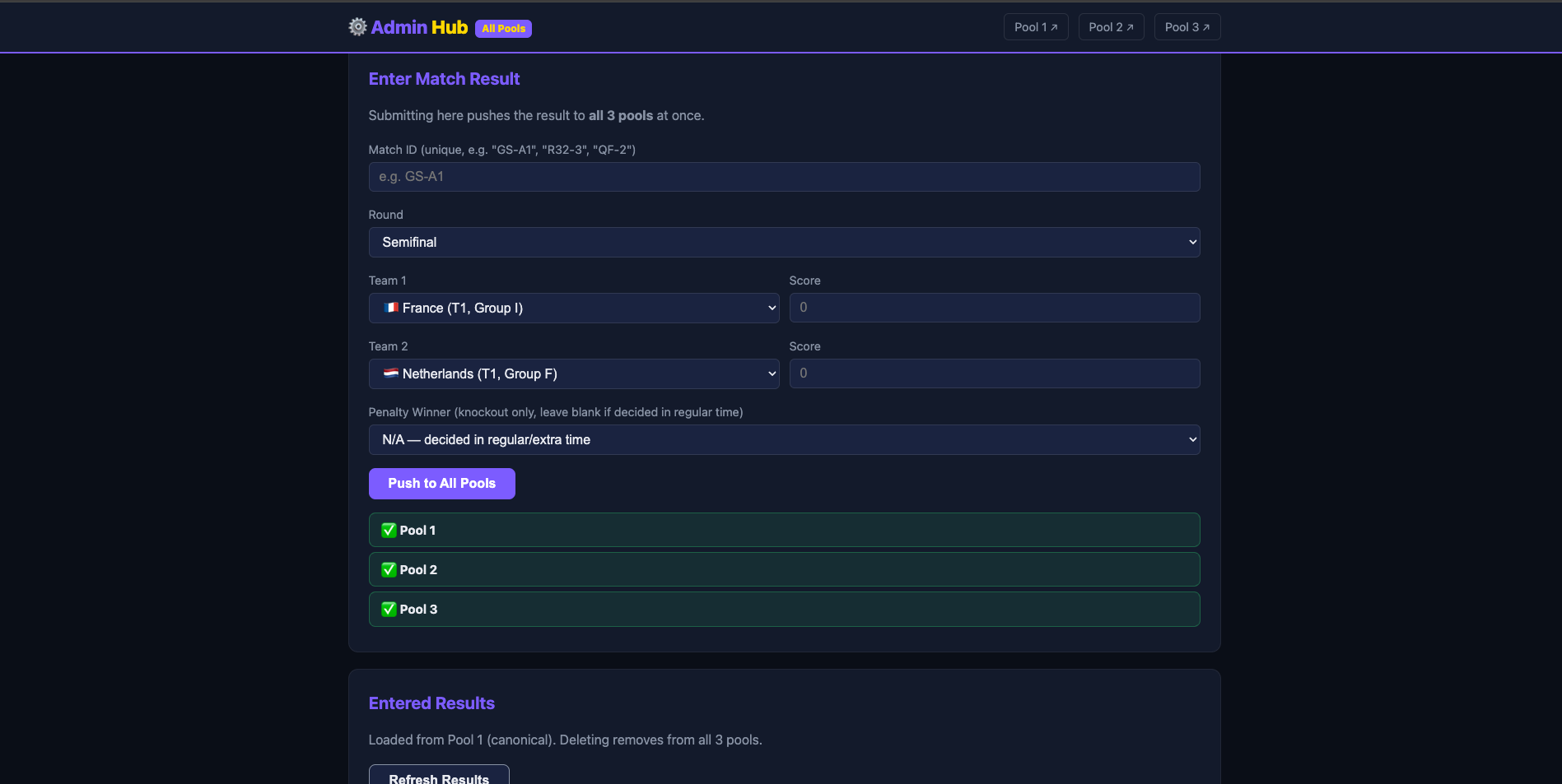 Central admin hub fanning out match results to 3 pools simultaneously