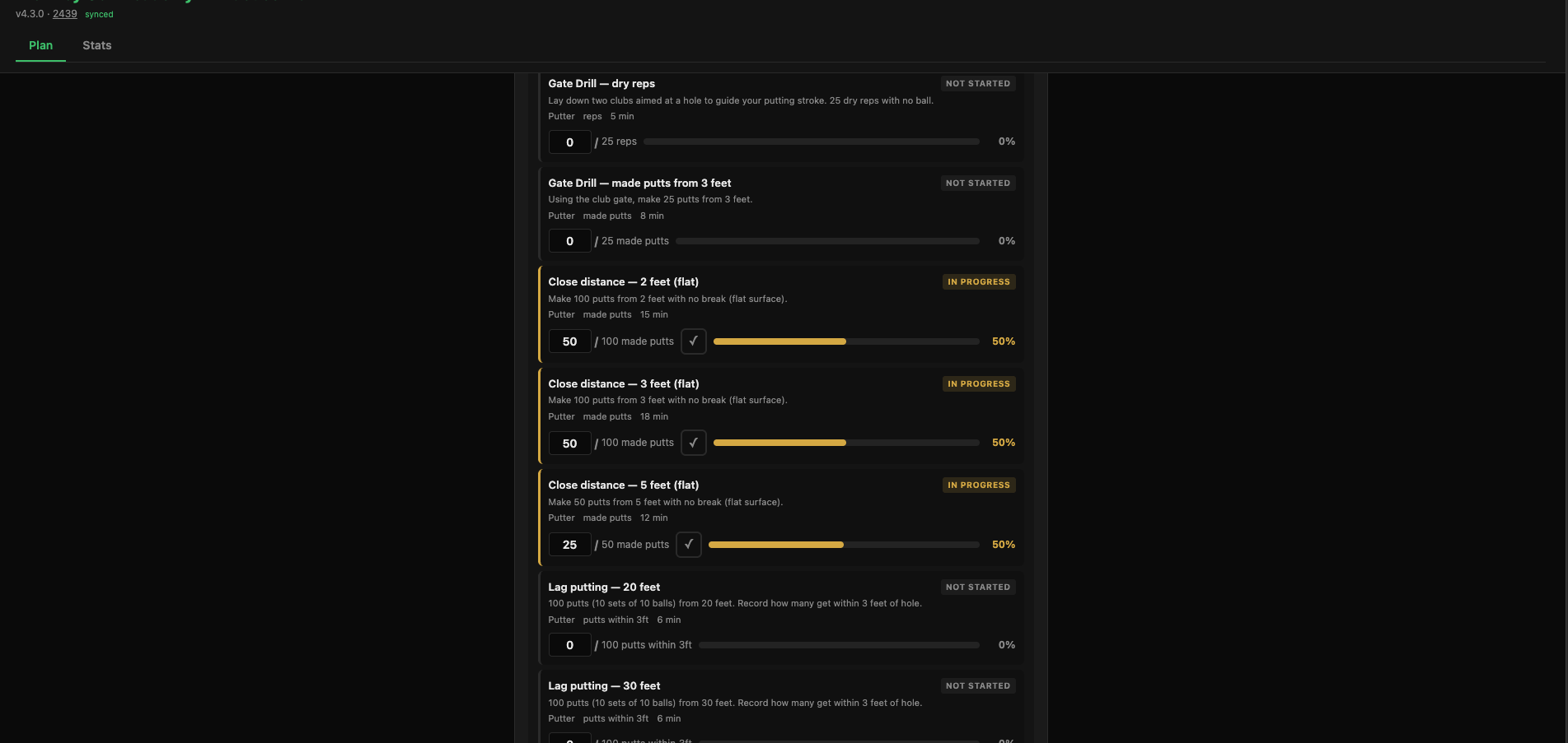 Mobile view of a golf drill in progress with confirm button and scoring