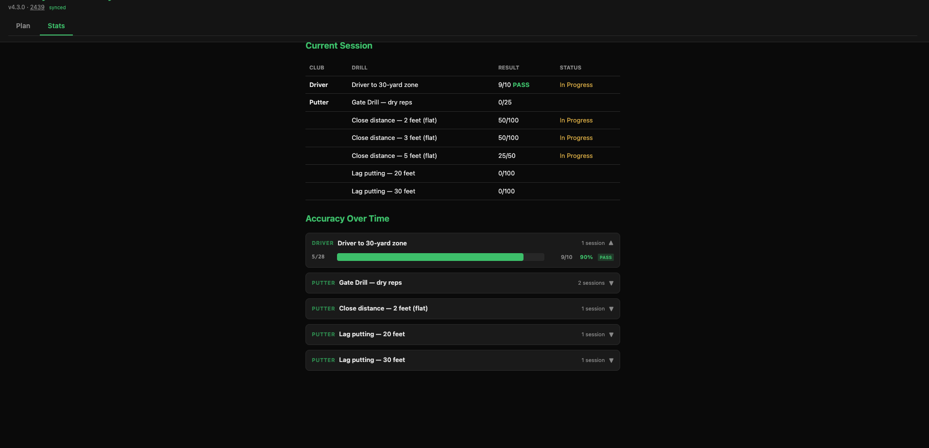 Practice history and stats view showing completed sessions